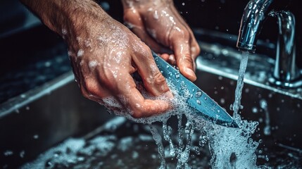 Hands scrubbing a cutting knife with caution under running water