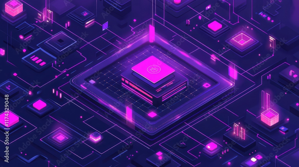 Poster a digital matrix displaying ai-powered small business analytics, surrounded by glowing pathways and 