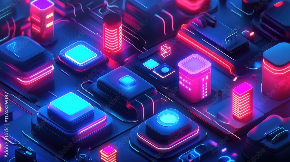 Poster a digital interface with ai-enhanced small business solutions, surrounded by glowing data points and