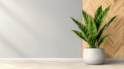 Fototapeta premium Modern minimalist interior with green plant in white pot on herringbone wood floor