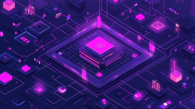 A digital matrix displaying AI-powered small business analytics, surrounded by glowing pathways and plenty of space for copy.