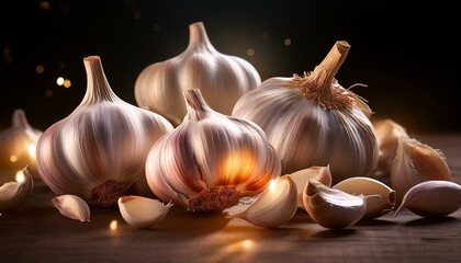 Close-up of four bulbs of garlic and several cloves, beautifully lit against a dark background.