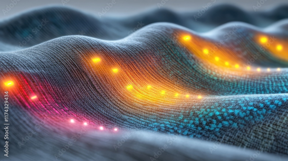 Poster a digital representation of smart textiles with ai embedded, glowing threads running through fabric 