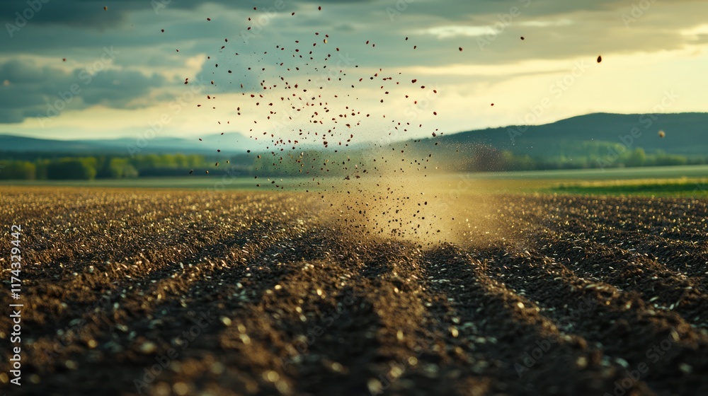 Poster red seeds are being sown into the soil, creating a dust cloud as they are dispersed across the field
