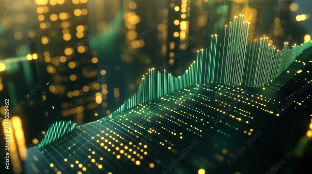Poster abstract digital data visualization green and gold cityscape background futuristic technology concep