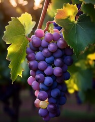 A cluster of ripe purple grapes hanging from a vine, bathed in warm sunlight.