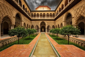 Fototapeta premium A view of the Alcazar of Seville courtyard showcasing intricate architecture and lush greenery.