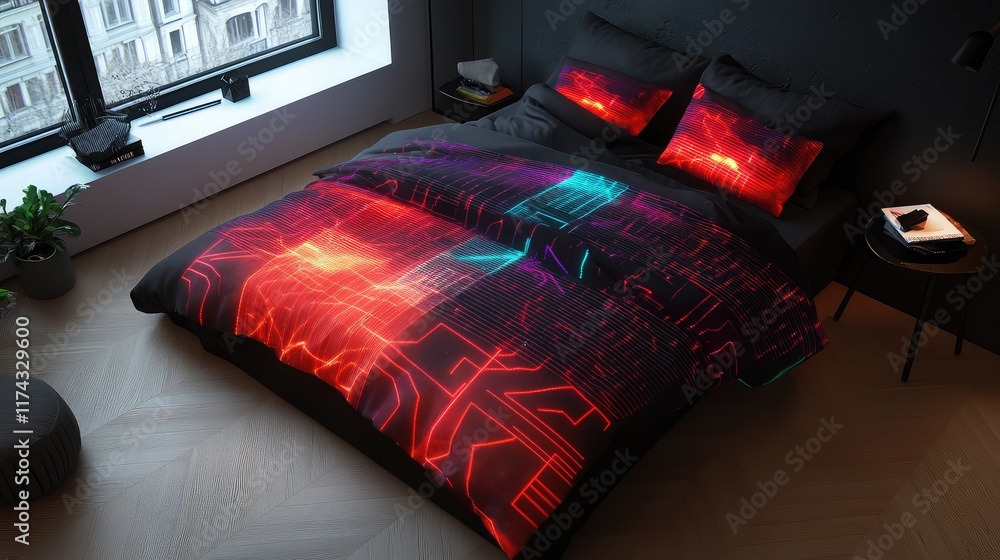 Poster a digital textile with embedded ai data paths glowing through the fabric, creating a modern and slee
