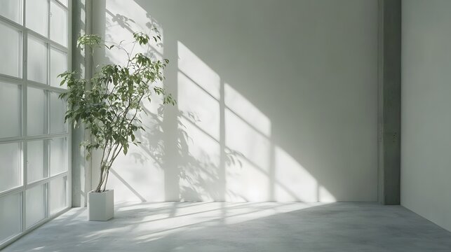 An empty studio room with sunlight streaming in, casting dramatic shadows against walls, creating a serene and minimalist background for a variety of creative projects - HD and realistic