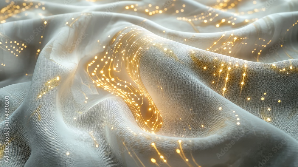 Poster a fabric surface illuminated by glowing data pathways representing the fusion of ai and textiles, wi