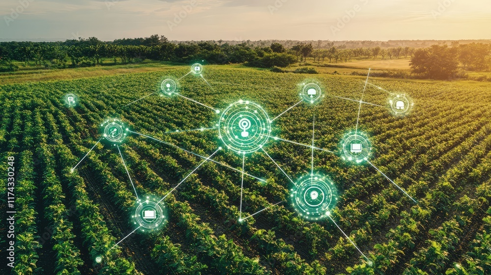 Poster a futuristic aerial view of a smart farm with interconnected iot devices monitoring crop health, dis
