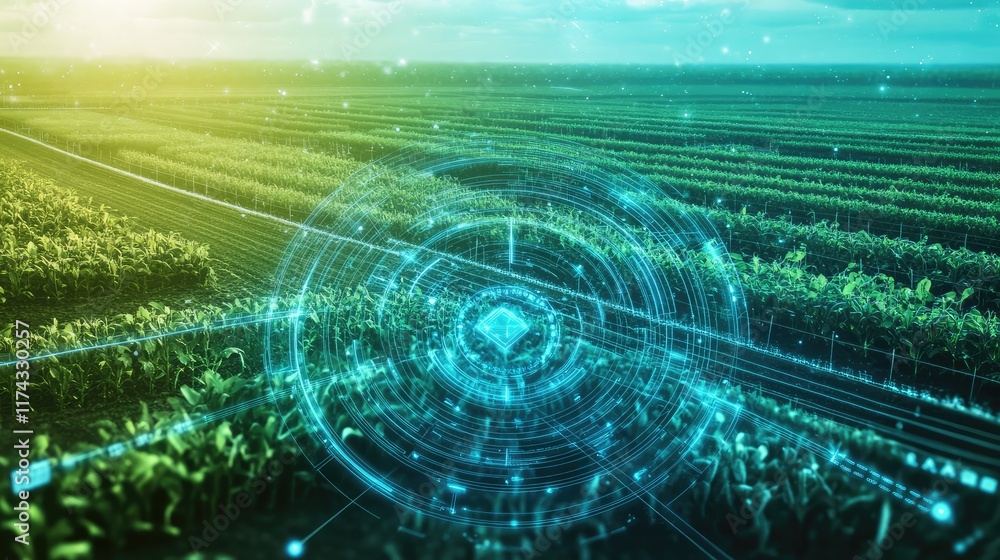 Poster a futuristic aerial view of a smart farm with interconnected iot devices monitoring crop health, dis