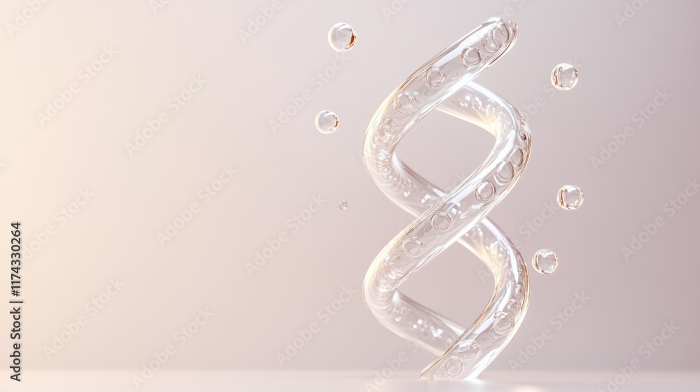 Poster transparent dna helix with floating bubbles on soft background