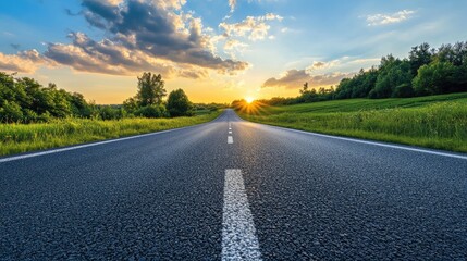 Naklejka premium Evening light, a flat, large asphalt road stunning sky at twilight. High quality photo