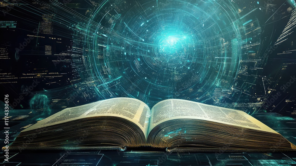 Poster a futuristic digital book floating within a virtual reality environment with ai tools, space for cop