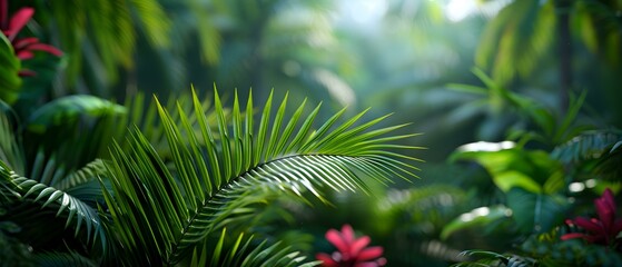 Lush Green Tropical Rainforest with Palm Leaves and Vibrant Flowers Bathed in Soft Natural Light
