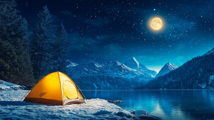 lone yellow tent stands on edge of snow covered landscape, illuminated by bright moon. serene lake reflects starry sky and majestic mountains, creating peaceful atmosphere