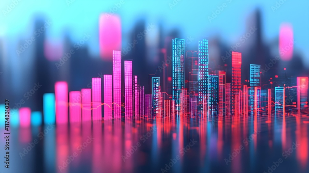 Poster abstract digital skyline with vibrant colors and modern geometric shapes representing urban technolo