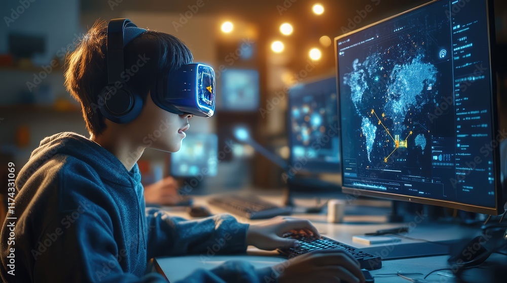 Poster a futuristic digital learning environment with ai-driven vr tools, space for copy in the background.