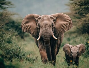 Fototapeta premium elephant and its calf in the African savannah