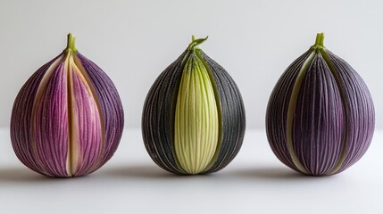 Obraz premium Three decorative figs with unique color patterns and textures sliced open revealing their inner cores. Ideal for art projects food styling or educational purposes.
