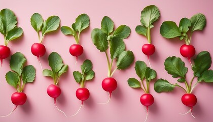 Vibrant radishes arranged on a pink background. Fresh, healthy, and visually appealing.