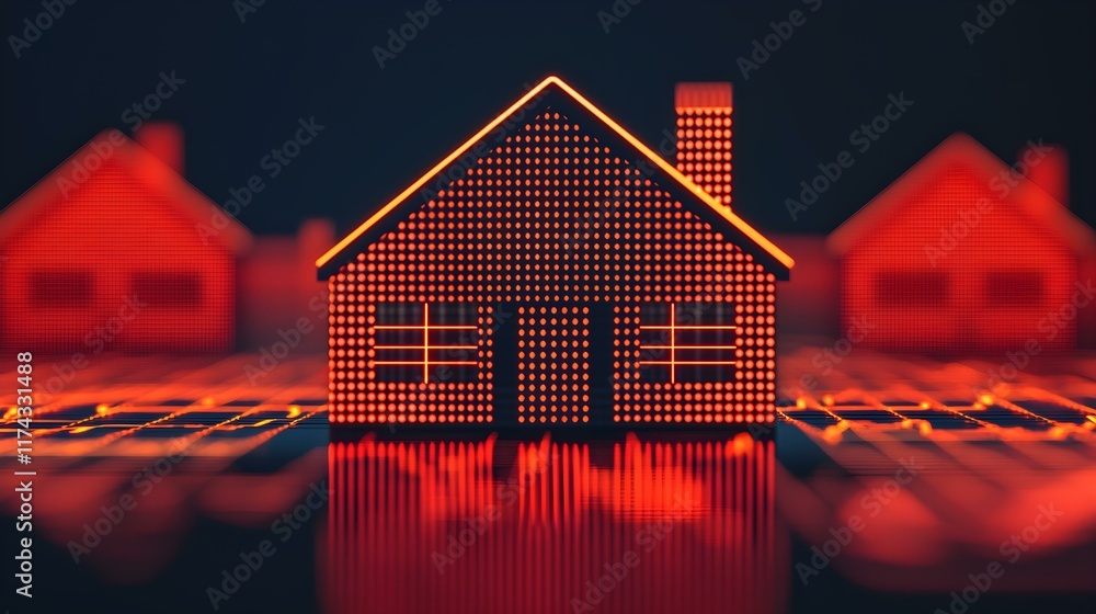 Poster digital house with neon lights and pixelated background representing smart home technology and real 