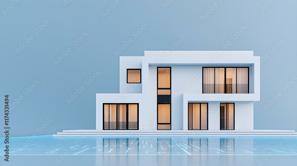 Poster modern minimalist house with clean lines and large windows set against a soft blue background