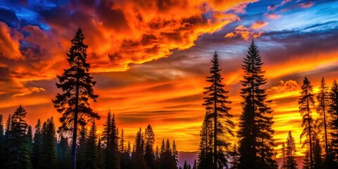 Oregon Forest Silhouette, Stunning Sky, AI Photo