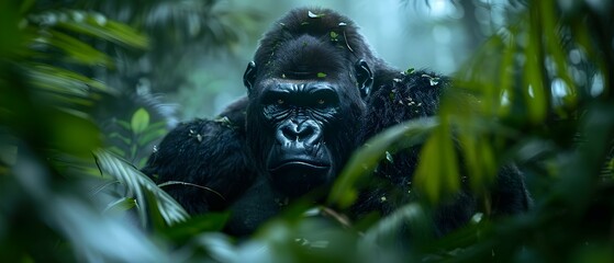 Fototapeta premium Majestic Gorilla in Dense Tropical Forest Surrounded by Lush Greenery and Soft Light