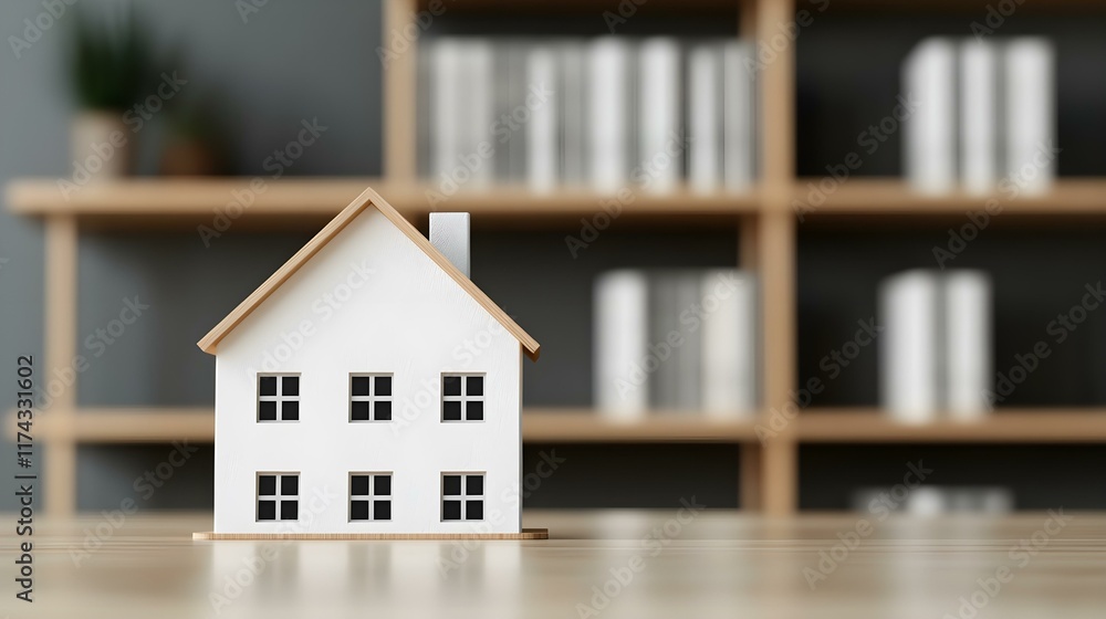 Poster minimalist model house on wooden table with bookshelf background in contemporary home setting