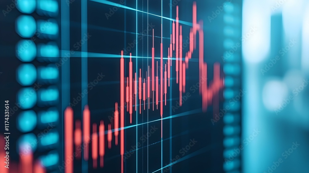 Poster abstract data visualization of dynamic stock market trends and graphs in blue and red colors