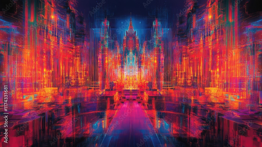 Poster a futuristic glowing hologram of a mirrored cityscape with connected digital twin elements. ample co