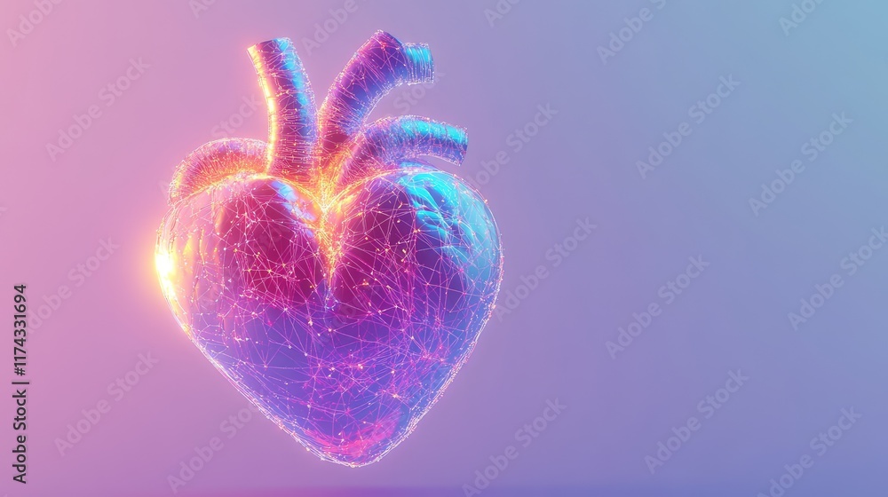 Poster a futuristic glowing human heart interconnected with ai neural networks, displayed on a clean gradie