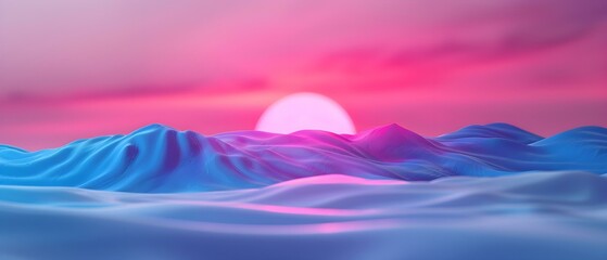 Obraz premium Abstract landscape with vibrant colors of sunset over smooth waves in shades of blue and pink