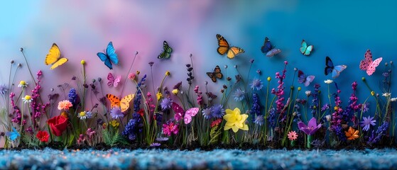 Vibrant Garden Scene with Colorful Butterflies and Bright Flowers Against a Soft Blue Background