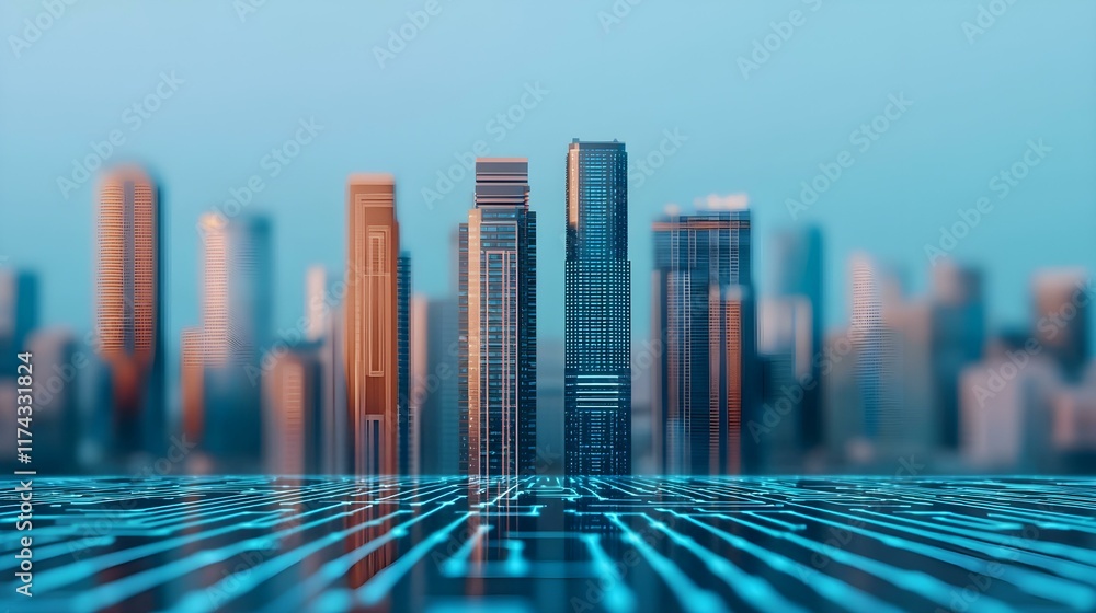 Aufkleber futuristic cityscape with digital circuitry overlay representing advanced technology and urban devel