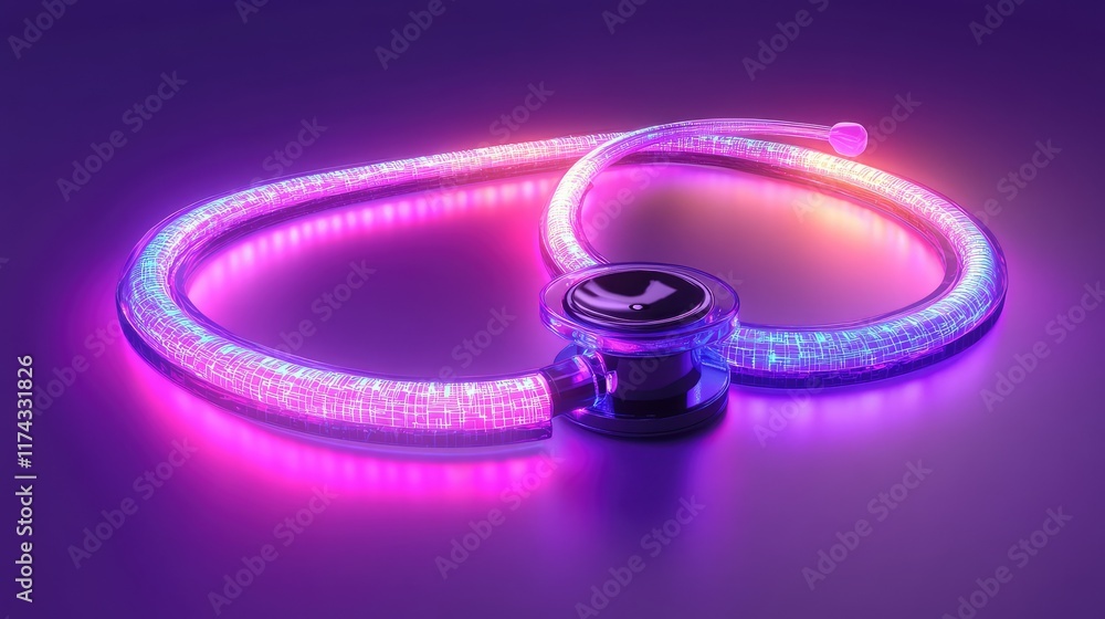 Fototapete a futuristic glowing stethoscope intertwined with ai pathways on a clean gradient background. copy s