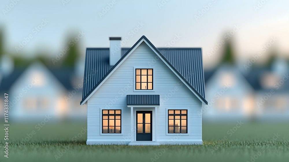 Poster detailed miniature model of a modern house with illuminated windows set against a soft focus backgro
