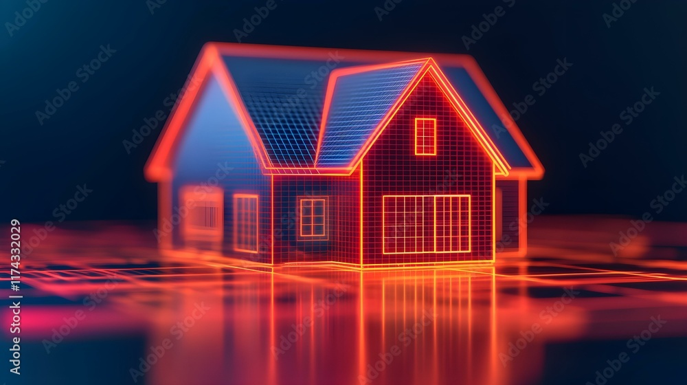 Poster stunning of a modern house with neon glow and digital grid background for architectural visualizatio