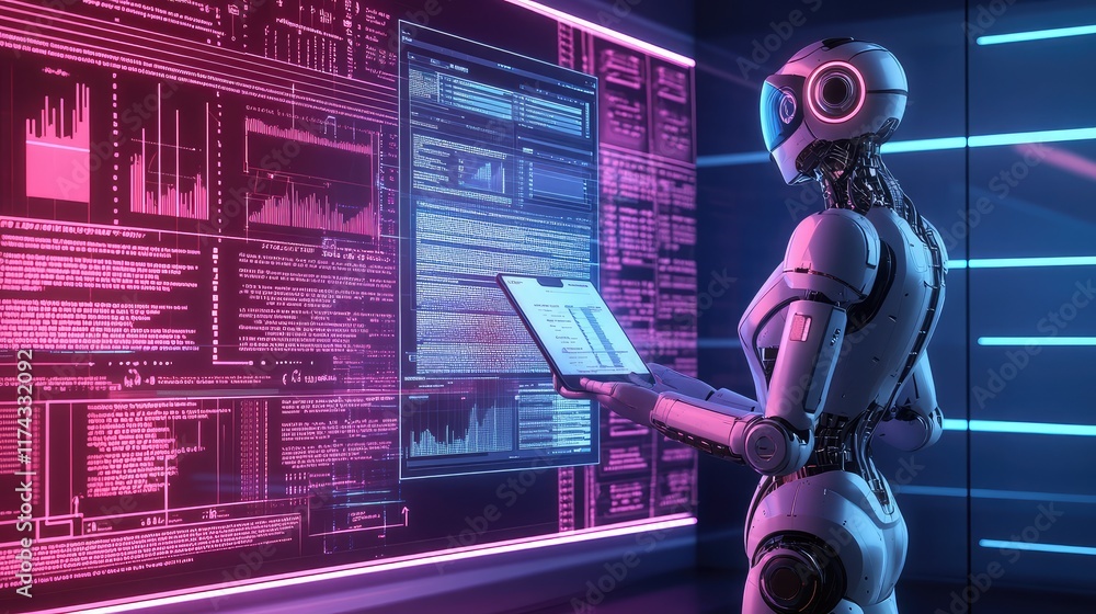 Poster a futuristic holographic digital assistant analyzing business reports, symbolizing ai support on a s