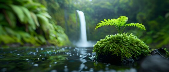 Lush Green Fern Growing on Mossy Rock Beside Tranquil Waterfall in Serene Forest Setting