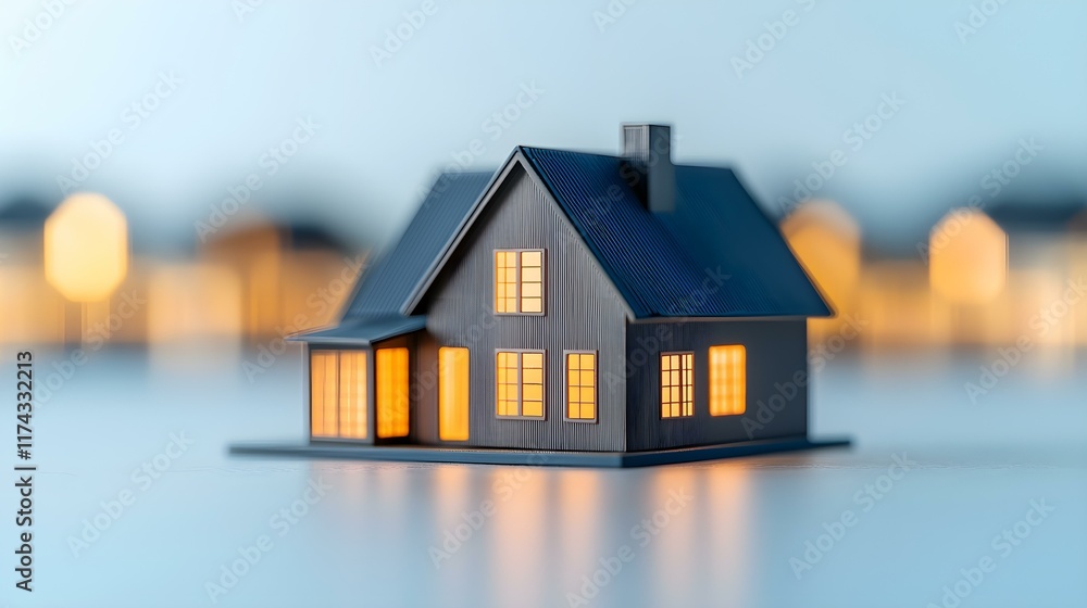 Poster miniature house model with warm glow illuminated windows on a soft focus background creating cozy at