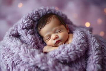 A newborn baby is sleeping in a purple cozy blanket.