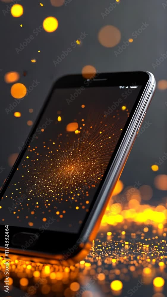 Aufkleber smartphone displaying glowing particles in a dark setting with warm light effects during nighttime