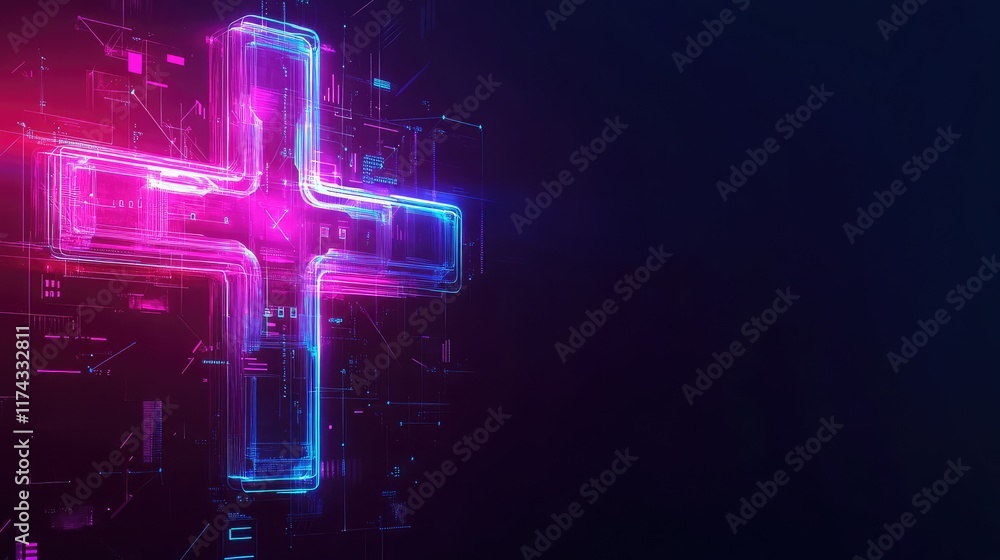 Poster a futuristic representation of a holographic medical cross glowing with ai diagnostic patterns on a 