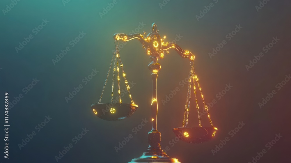 Poster a futuristic scale of justice glowing with ethical data nodes, symbolizing ai-powered ethical decisi