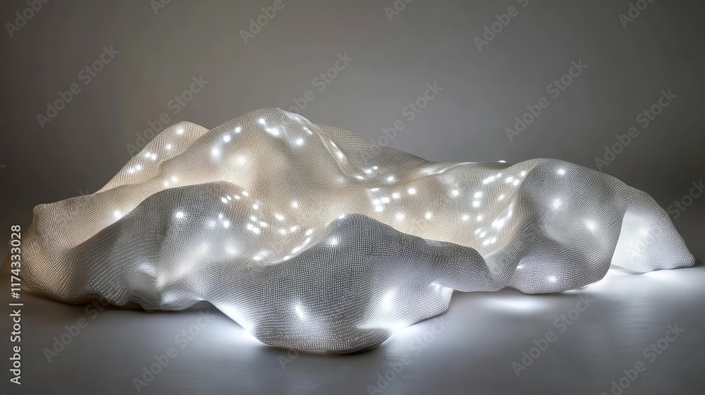 Poster a futuristic textile illuminated by glowing ai data, with interconnected fibers representing the sma