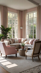 Obraz premium Stylish living room with wide windows a soft baby pink couch and a bright pastel pink theme creating a spacious serene ambiance