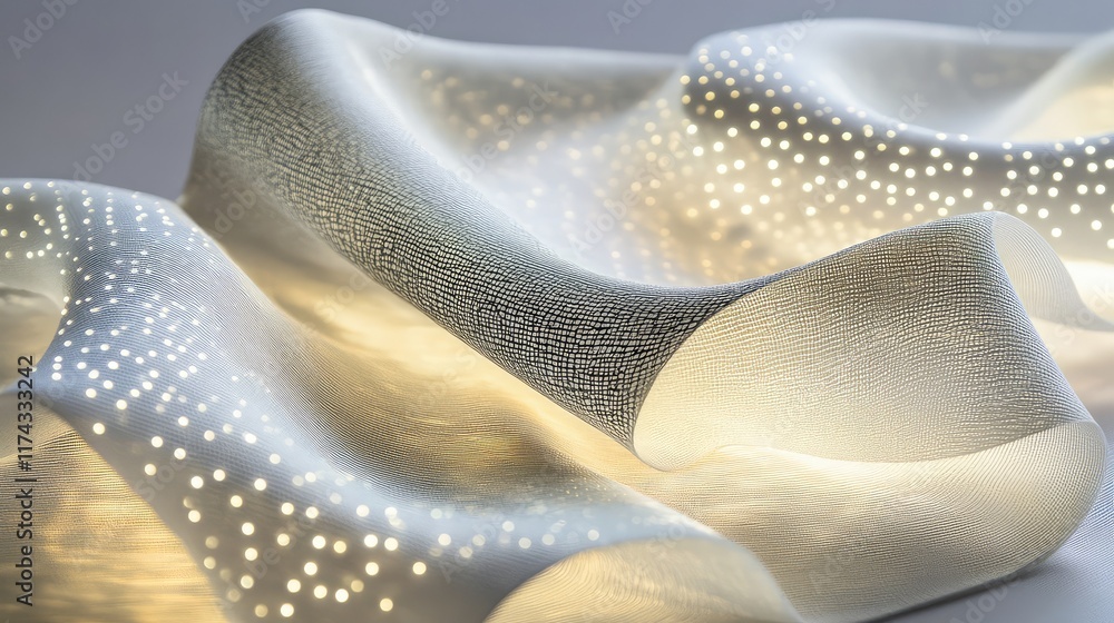 Poster a futuristic textile with ai sensors embedded in glowing fibers, creating a modern surface with room